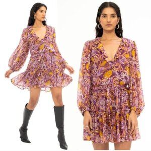 Banjanan Florence Violet Floral Resort Vacation Tropical Ruffle Dress Size S